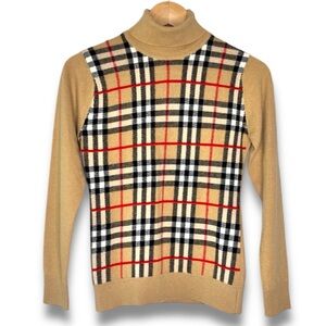 Burberry London Vintage Cashmere Tan Black Red Nova Check Turtleneck Sweater XS